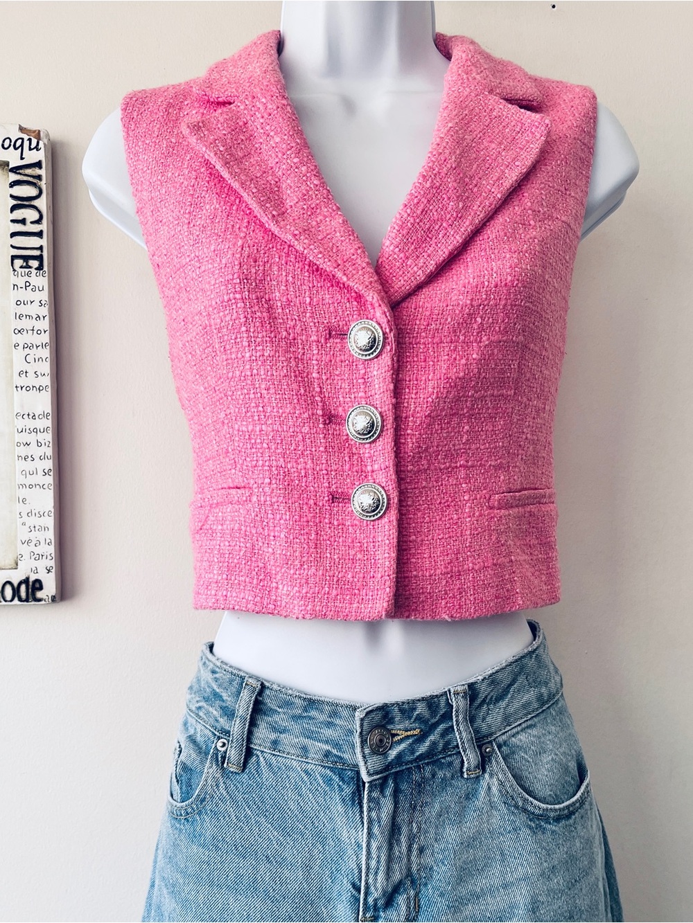 Zara Pink Tweed Sleeveless Cropped Vest Size S
